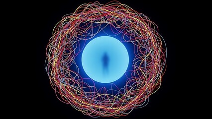 Abstract glowing blue sphere surrounded by complex energy field lines