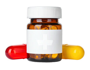 A medical amber pill bottle with a white label and two colorful capsules