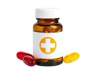 Pharmaceutical bottle of capsules with a medical cross on the label, and two pills