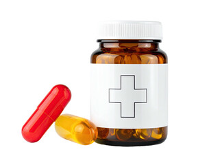 A medical bottle and two capsules. The amber bottle has a white label with a medical cross