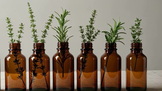 Row of brown glass bottles with herb cuttings displaying growth and natural aesthetics