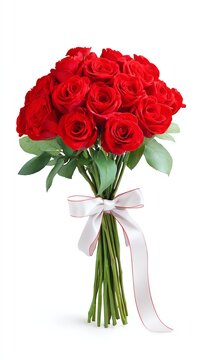 Bouquet of Ruby Roses: A lush bouquet of vibrant ruby roses, tied with a delicate white ribbon, embodies elegance and passion, perfect for expressing love and admiration.