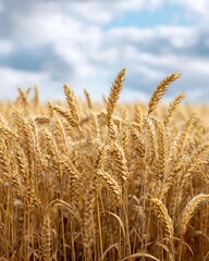 Fototapeta premium Golden Fields of Grain: A close-up view captures a vast field of ripe golden grain, swaying gently in the summer breeze beneath a cloudy sky.