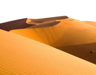 Golden desert landscape with rolling sand dunes under a bright sky. Dramatic lighting