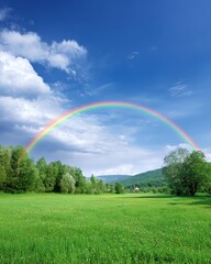 Rainbow over Green Meadow: A vibrant rainbow arcs gracefully across a clear, blue sky above a lush green meadow and trees, promising hope and natural beauty.