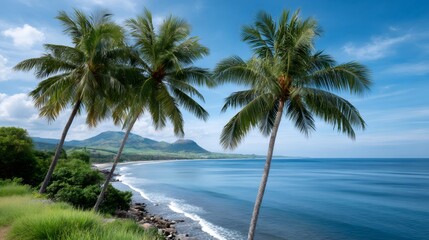 Obraz premium Palm trees swaying over tropical ocean bay