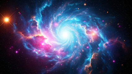 Stunning vibrant spiral galaxy swirls with bright blue and pink nebula clouds against deep space background