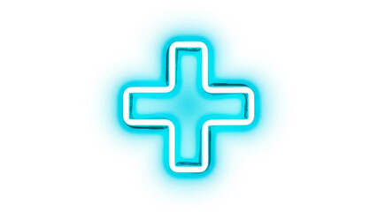 Obraz premium Vibrant cyan neon plus sign glows brightly symbolizing health care first aid and positive additions against a clean white background