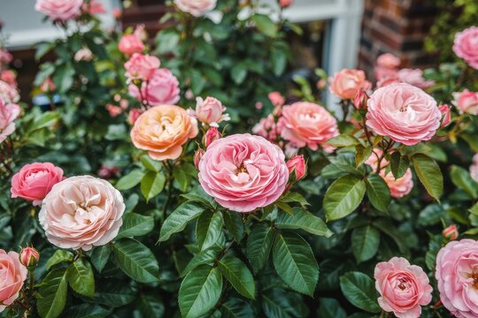 Delicate pink and soft peach roses blooming in a vibrant garden - Powered by Adobe