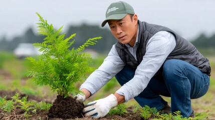 Asian man planting tree sapling in field for reforestation