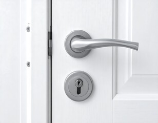 Close-up of a bright white door with silver handle and lock