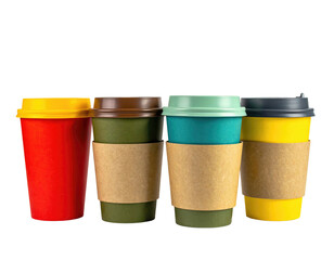 Four colorful to-go coffee cups with different colored lids and sleeves, on a black background