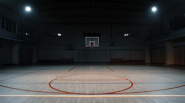 A dimly lit indoor basketball court at night. Overhead lights shine down on a blue-grey wooden floor with white court lines. The backboard is visible