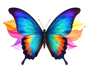 A vibrant watercolor painting of a butterfly with colorful wings on a transparent background