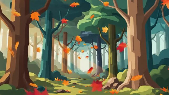 A vibrant forest scene depicts autumn, with falling orange and red leaves amidst trees and sunlight