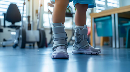 Child wearing ankle braces in physical therapy room