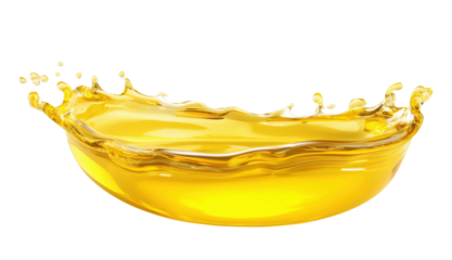 Golden oil splash creating crown-like formation with droplets and wave motion, isolated on transparent background