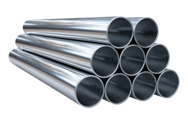 Group of metallic cylindrical tubes arranged in stacked pyramid formation, isolated on transparent background