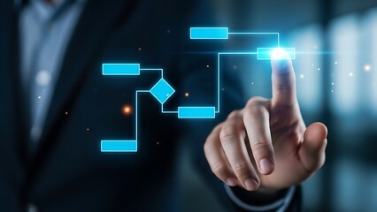 Businessman touching a digital flowchart for workflow automation and business process management concept