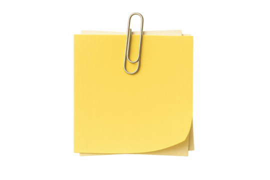 Blank yellow sticky note pad with paper clip, creating a reminder, memo, or message concept on transparent background - Powered by Adobe
