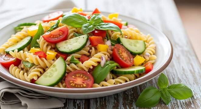 Fresh and colorful pasta salad with vegetables and basil - Powered by Adobe