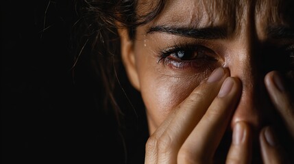 A close-up image portraying deep emotion, showcasing a person's face filled with vulnerability and sorrow in a dark setting