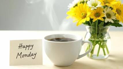Steaming Coffee Cup Happy Monday Note Fresh Yellow Flowers Bright Morning
