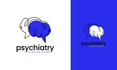 Psychiatry logo design. Symbol with brain and bubble chat concept for mind consulting. Mental health vector illustration