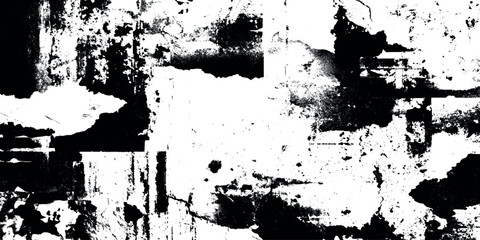 Abstract grunge texture featuring bold black ink splatters, distressed brush strokes, eroded edges, halftone dots and heavy weathering effects on transparent.