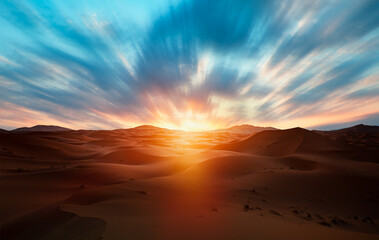 Beautiful sand dunes in the Sahara desert with full moon at sunset - Sahara, Morocco