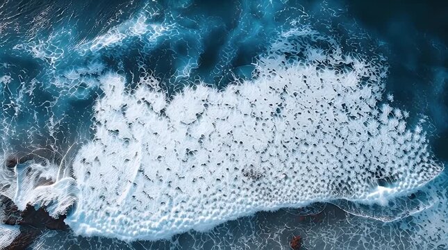 An aerial ocean view showcases turquoise and dark blue waters, foamy waves crashing near a rocky shoreline, creating interesting patterns
