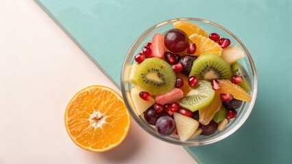 Fresh fruit salad with kiwi, grapes, orange slices, pomegranate seeds, and melon in glass bowl, overhead on pastel background, perfect for summer recipes, healthy eating, wellness blogs, food ads