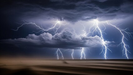 Spectacular lightning storm illuminates a dark desert landscape at night.