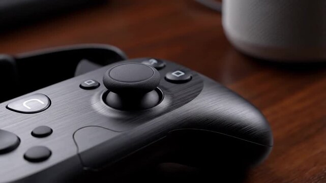 Close-up black gamepad controller on desk for technology game concept. Modern game controller on wooden surface, gaming and esports device for entertainment.
