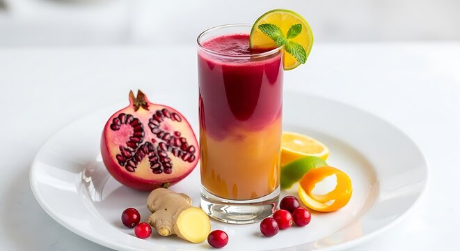 Vibrant layered fruit juice with pomegranate citrus ginger and cranberries - Powered by Adobe