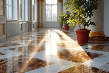 Naklejka premium Palace hallway with sunlight reflecting on marble floor