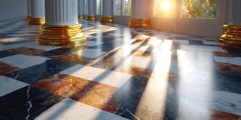 Sunlight streaming into grand classical palace interior