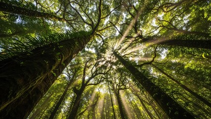 Fototapeta premium Sunlight beams through the lush green canopy of a tropical rainforest.