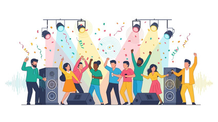 Dynamic group celebrating at a vibrant party with confetti and lights, perfect for event promotions and showcasing a lively atmosphere full of enjoyment