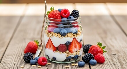 Healthy berry yogurt parfait with granola in a jar on rustic wood