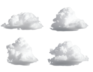 Diagonal Row of Four Puffy Cumulus Clouds, Wide Spacing, Isolated on Transparent Background