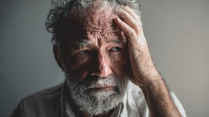 An elderly man with a contemplative expression, displaying emotions of worry and uncertainty. His hand is on his forehead, depicting a moment of reflection and introspection.
