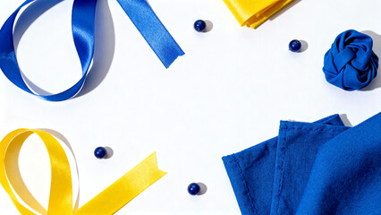 Vibrant blue and yellow ribbons and fabric arranged elegantly on clean white background symbolizing solidarity and hope