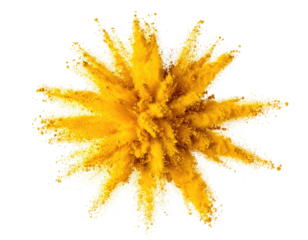 Overhead shot of golden powder expanding outward from a central point against a black backdrop