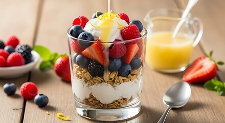 Delicious berry yogurt parfait with granola and honey drizzle