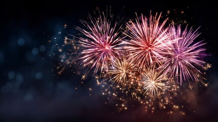 Fototapeta premium Celestial Symphony of Light: Fireworks explode in a kaleidoscope of vibrant colors against a dark, night sky, a visual spectacle of joy and celebration.