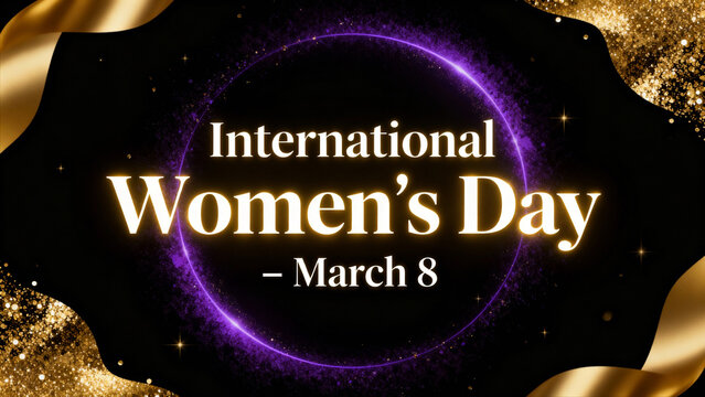 Celebrate International Women's Day March 8th with this elegant glowing design featuring golden ribbons and a vibrant purple nebula effect