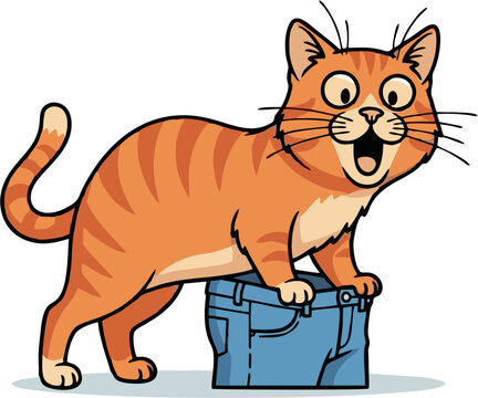 Whimsical cartoon illustration of an astonished orange tabby cat comically caught with its hind legs inside a pair of blue denim jeans, depicting a playful and humorous domestic animal mishap