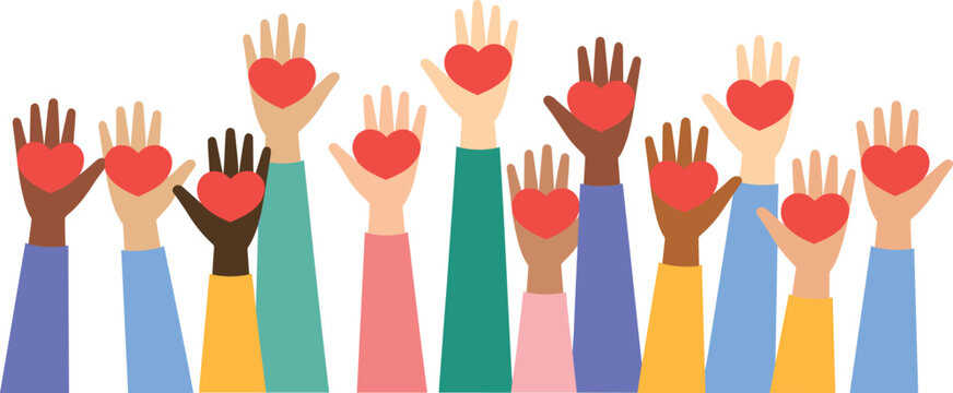 Diverse hands holding red hearts raised in unity and support love diversity