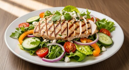 Healthy grilled chicken salad with fresh vegetables and creamy dressing